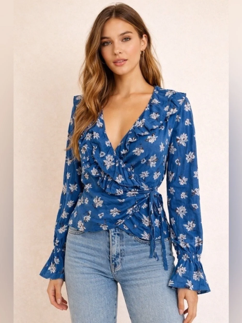 Free People Amanda Ruffle Soft Cotton V-Neck Wrap Floral Flower Blouse Top